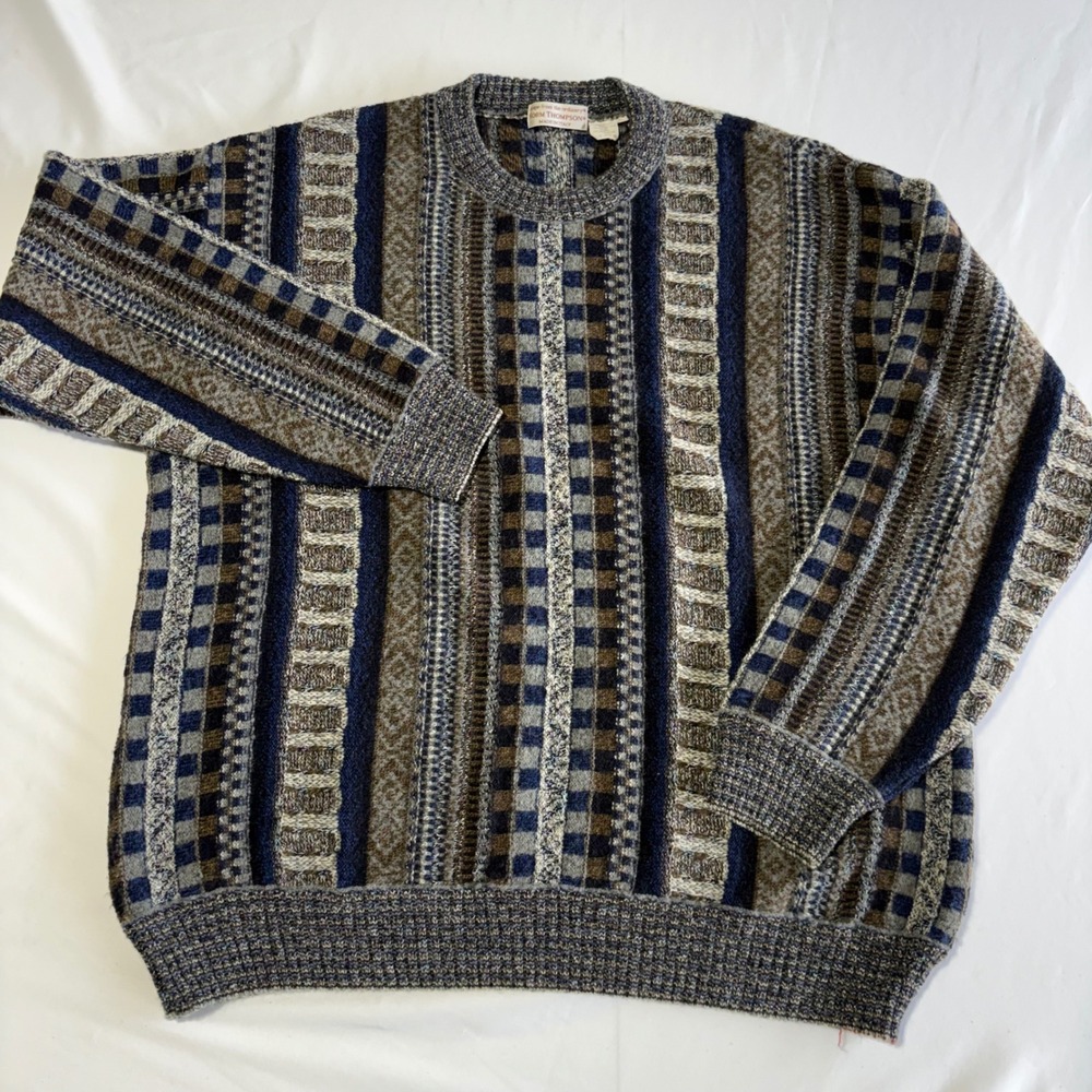 Norm Thompson Knit Sweater XL Blue Grey Geometric Made in Italy Crewneck - Picture 2 of 10